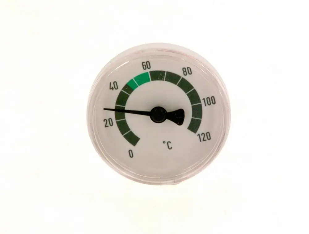 Thermometer mit einer Skala von 0°C bis 120°C, umgeben von einer transparenten Plastikhülle. Die Marke Bosch ist sichtbar. Zeiger zeigt aktuellen Temperaturwert an.